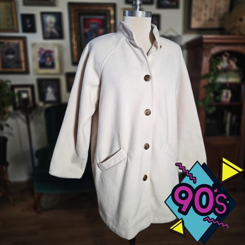 Vintage 90s Blair Winter White Fleece Car Coat Jacket Gold Buttons Made in USA